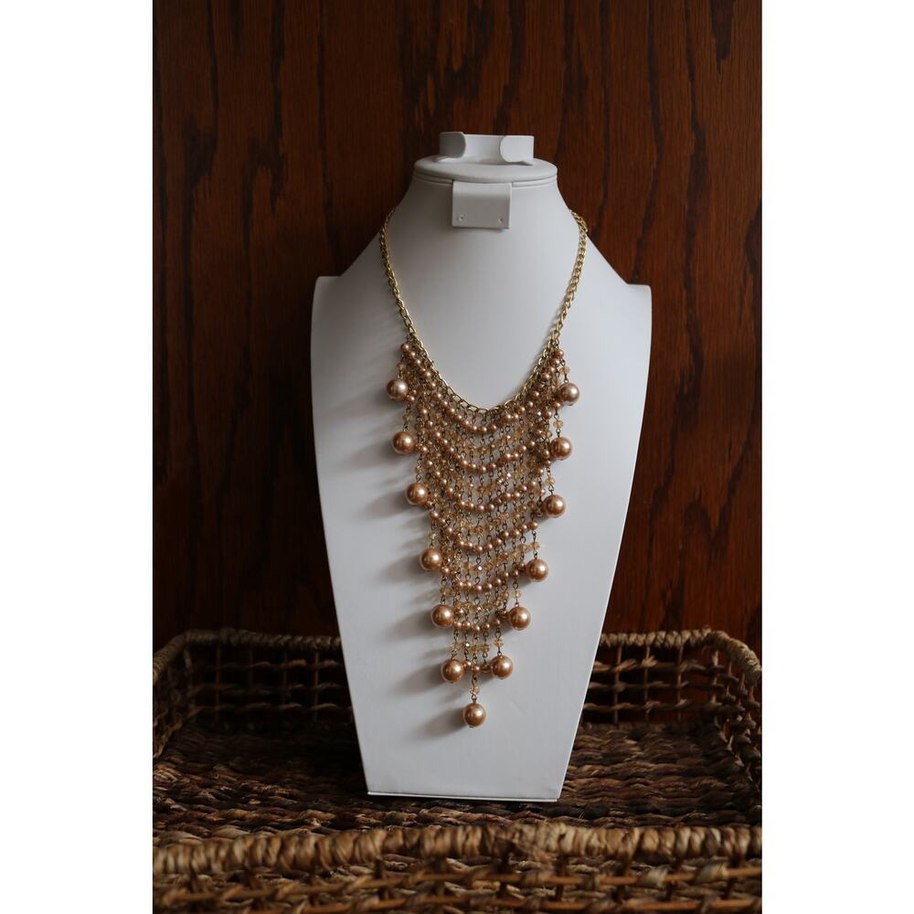 Faux PEARL Necklace Multi Strand 2010s Waterfall Pink Clear 16in - Picture 2 of 11